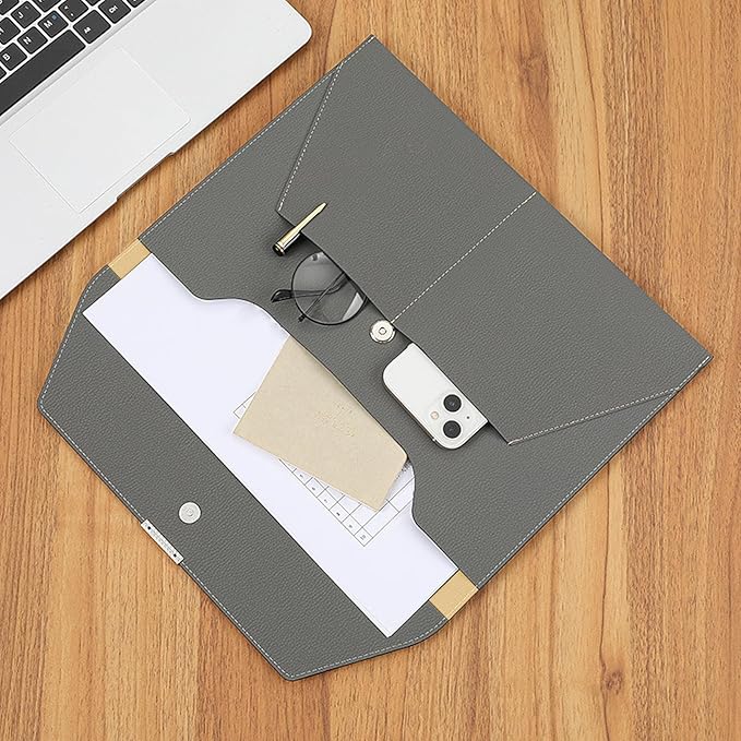VANRA File Folder Document Holder Organizer Waterproof Portfolio Leather Folder Case with 3 Pockets, Filing Envelopes for A4 Letter Size Paper with Snap Magnetic Button Closure (Gray)