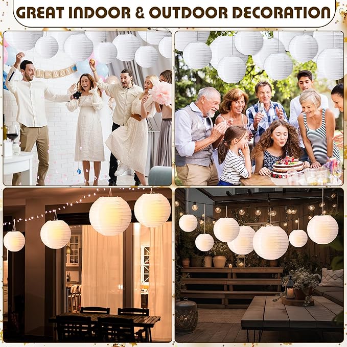 Treela 48 Pcs Paper Lanterns Party Decorations Chinese Round Paper Lanterns 4/6/8/10 Inch Asian Hanging Lamps Decorative for Birthday Party Supplies(White)