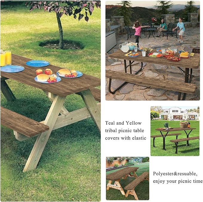 famibay 3 Piece Picnic Table Cover and Bench Covers Waterproof Polyester Camping Table Cover with Elastic Washable Fitted Picnic Table Cover for Rectangle Tables(Wood Grain,12" x72"+30" x72")