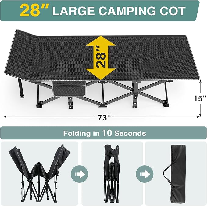 ZENPETIO Camping Cot for Adults, Heavy-Duty Portable Cot Bed with Mattress, Foldable Padded Sleeping Cots for Camping Travel Tent Day Bed Outdoor & Home Guest, Max Load 500 LBS, 75x28x15”