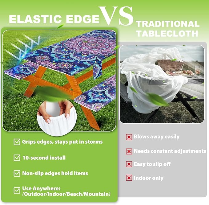 Fitted Picnic Table Cover with Bench Covers Waterproof Elastic Edges Rectangle Patio Tablecloth Outdoor Camping Essentials Stuff Rv Accessories Summer Trip Travel Camper Gifts for Woman Men, 72in 6 ft