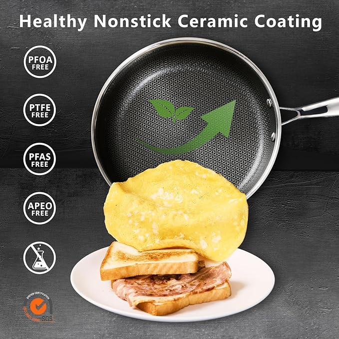 Non Stick Frying Pans Set, Hybrid 8" 9.5" 11" Frying Pan Set, Skillet with Stay-Cool Handle, Non Toxic, PFAS PFOA PTFE Free, Dishwasher & Oven Safe, Induction, Compatible with All Cooktops