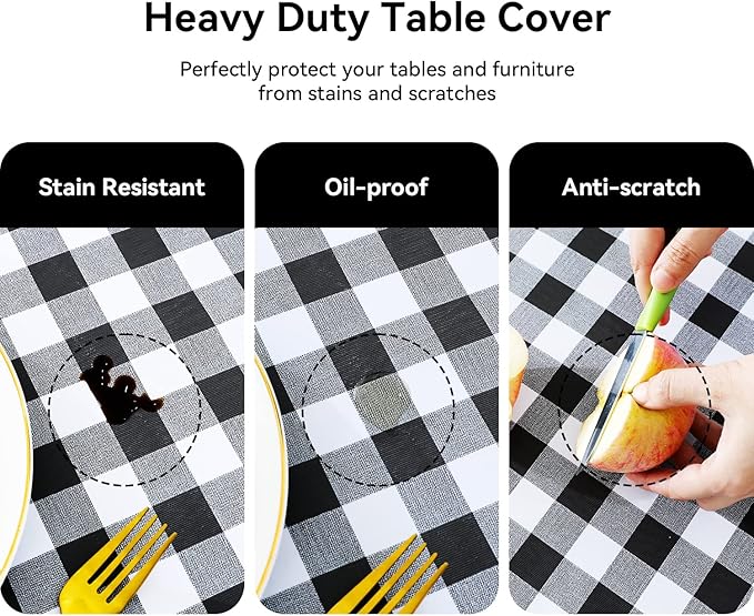 Romanstile Square Vinyl PVC Tablecloth, 100% Waterproof Buffalo Plaid Plastic Table Cloth, Oil Proof Heavy Duty Wipeable Table Covers for Dining/Camping/Picnic/Outdoor - 60 x 60, Black and White