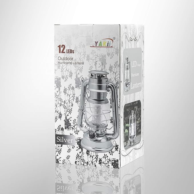 YAKii LED Vintage Lantern Metal Hanging Hurricane 12 LED Dimmer Switch Cold White Battery Operated Power Outage Indoor Camping Lighting Outdoor Brooklyn (Silver 2 Pack)