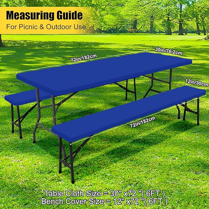 Smiry Picnic Table Cover with Bench Covers, Waterproof Elastic Fitted Polyester Tablecloths for 6 Ft Rectangle Tables, Washable Windproof Tablecloth for Camping, RV & Outdoor (Blue, 30x72 Inches)