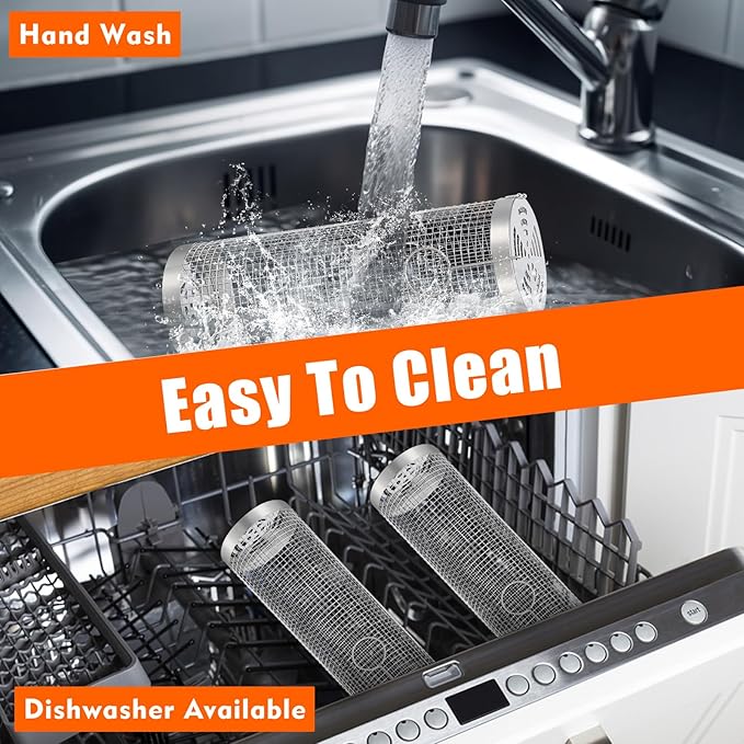 2 pcs Rolling Grilling Baskets for outdoor grilling, BBQ Stainless Steel Grill accessories set for Outdoor Grill, Grill Baskets Suitable for Vegetable,Fries,Fish, Shrimp, Grill BBQ Net Tube with Barbecue accessories