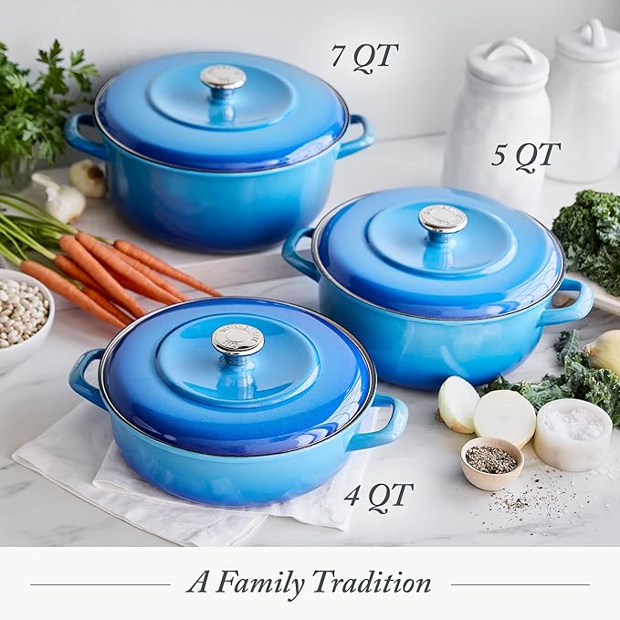 Merten & Storck 5.3QT Round Dutch Oven Casserole Pot with Lid, European Crafted Enameled Iron Stockpot, Induction & All Cooktops, Braising, Stews, Roasting, Slow Cooking, Sourdough, Caribbean Blue