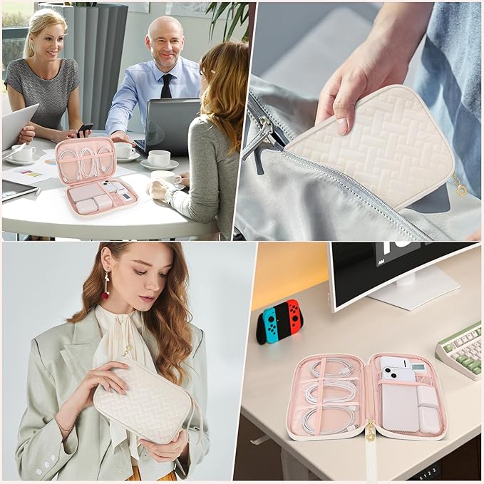 Electronics Organizer Travel Case, Charger Bag Cord Organizer Travel, Compact Tech Pouch Cable Organizer Bag for Charger, Cords, Phone, Headphones, Flash Drive, SD Card (Beige, Small-Single Layer)