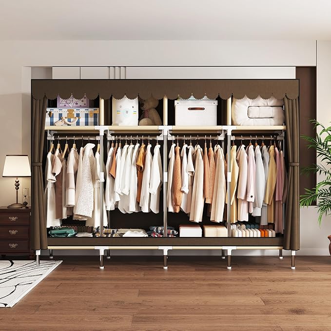 Portable Wardrobe Closet Durable and Easy to Assemble Heavy Duty Clothes Rack with Non-Woven Cover Fabric Best for Bedroom and Easy Storage and Organization (Brown-B)