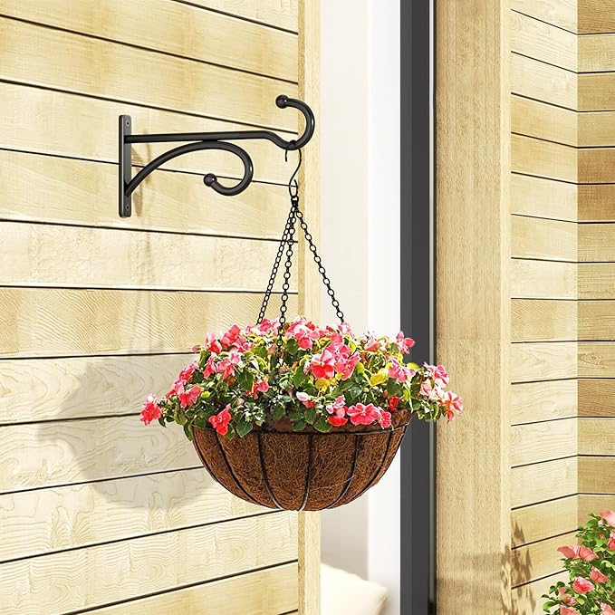 6" Plant Hanger Hooks Outdoor Indoor Planter Hooks, Wall Mounts for Hanging Plants, Baskets, Wind Chimes, Bird Feeders, Lanterns, Bird Houses (Black Metal, 2-Pack)