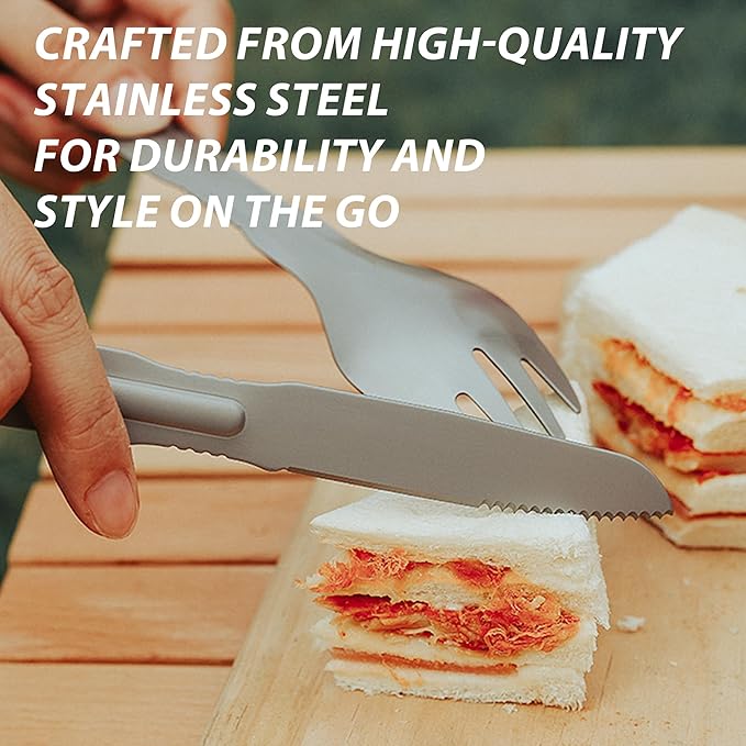 PortableAnd 4-in-1 Camping Utensil Set: Spoon, Spork, Knife, Tongs - Stainless Steel Multi Tool for Outdoor Cooking, Backpacking, Hiking, Picnics - Lightweight Travel Utensil with Carry Bag (1-Pack)