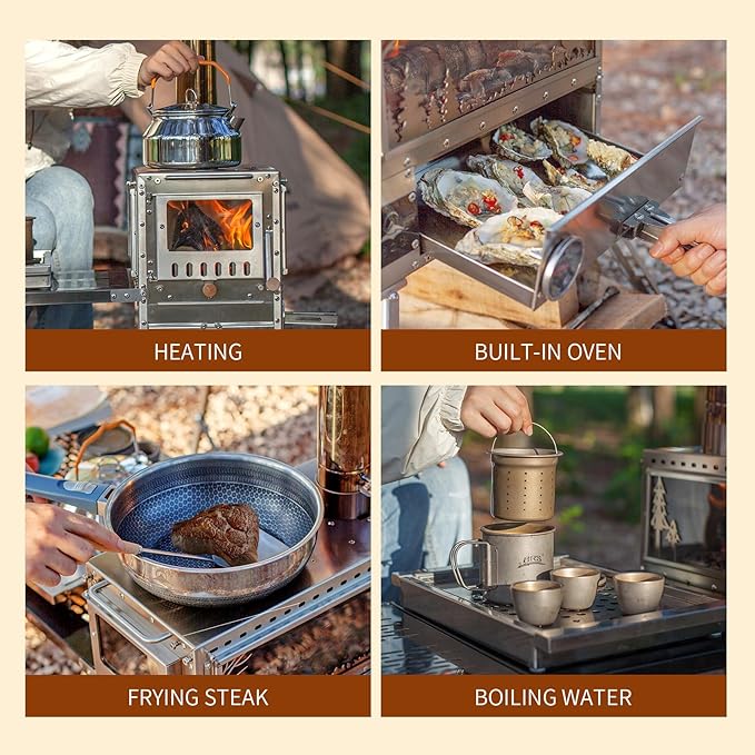 Stainless Steel Portable Wood Burning Stove with Oven & Camping Table, 6 Chimney Pipe for Outdoor Camping, Cooking, Tents, BBQ, Hiking, Fishing, Backpacking