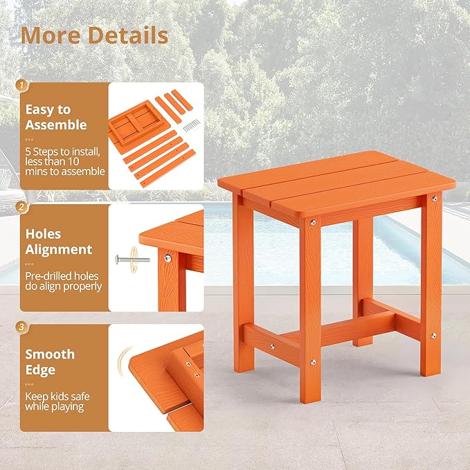 LUE BONA Outdoor Side Table Set of 2, HDPS Small Outdoor Table, Adirondack Side Table, Outside End Table for Patio, Porch, Deck, Pool, Weather Resistant/Easy Maintenance/Indoor or Outdoor Use, Orange