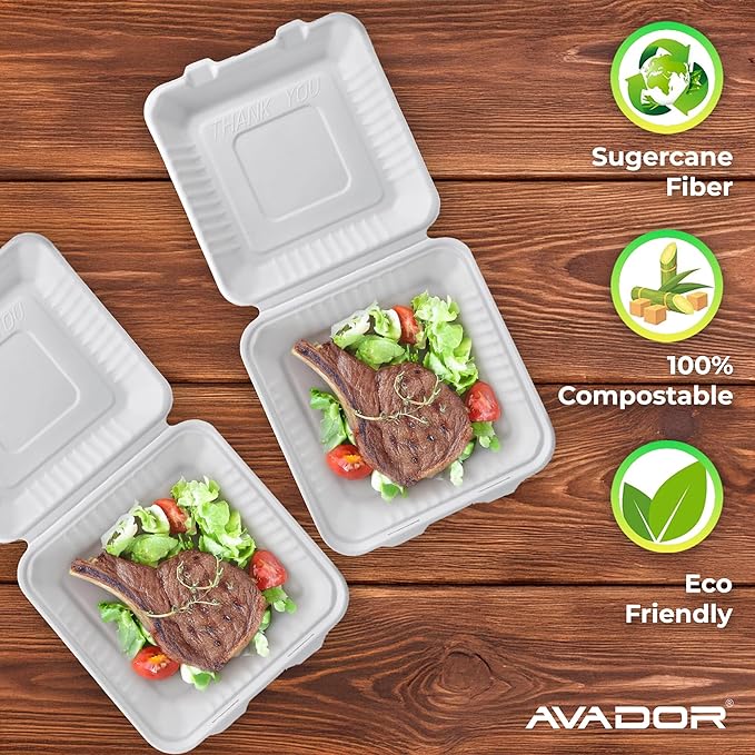 AVADOR® Compostable Tableware 100% Eco-Friendly & Biodegradable Dinnerware Eco-Conscious, Disposable, and 100% Biodegradable (9 Inch x 9 Inch Clamshell Pack of 50)
