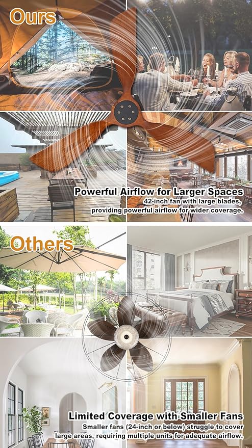 3 Blades Wood Outdoor Ceiling Fan for Patios, Farmhouse Rustic Ceiling Fans, 42" Plug-in Wet Rated Outdoor Gazebo Fan for Exterior House Porch Patio, Waterproof,F248