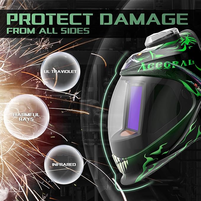 Panoramic View Auto Darkening Welding Helmet with Light, 1/1/1/1 True Color Solar Powered Welding Hood Mask, 4 Arc Sensor Wide Shade for TIG, MIG, ARC, Cut, Grinding, AC-28800G-DT