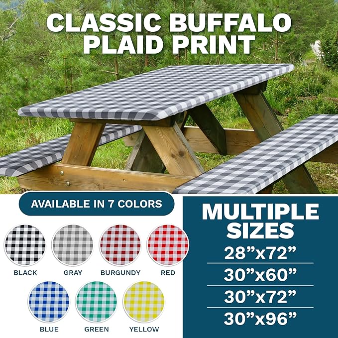 Sorfey Picnic Table Cover with Bench Covers -Fitted with Elastic, Vinyl with Flannel Back, Fits for Table 30"x 96" Rectangle,Water Proof, Checked Black Design