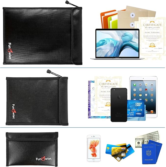 FunOwlet Fireproof Waterproof Document Bag, Fire and Water Resistant Safe Zipper Storage Organizer Pouch for A4/A5 Documents Holder, File, Cash, Jewelry, Passport, Tablet, Laptop, 3 Pack (Black)
