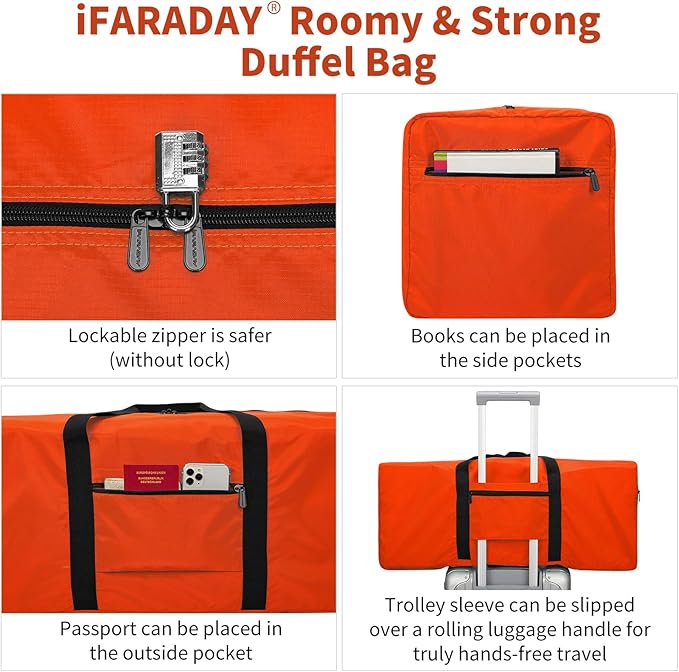 Foldable Duffle Bag for Travel - 75L Large Spare Travel Duffel Bag Lightweight with Trolley Sleeve - Orange