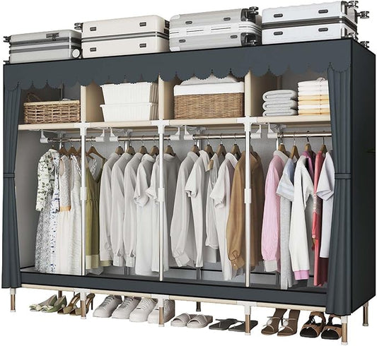 Portable Wardrobe Closet Durable and Easy to Assemble Heavy Duty Clothes Rack with Non-Woven Cover Fabric Best for Bedroom and Easy Storage and Organization (Grey-B)