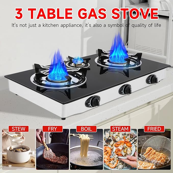 Propane Gas Cooktop,3 Burners Gas Stove portable gas stove, 0.28"Tempered Glass, Auto Ignition Camping 3 Burner LPG for RV,Apartments,Outdoor