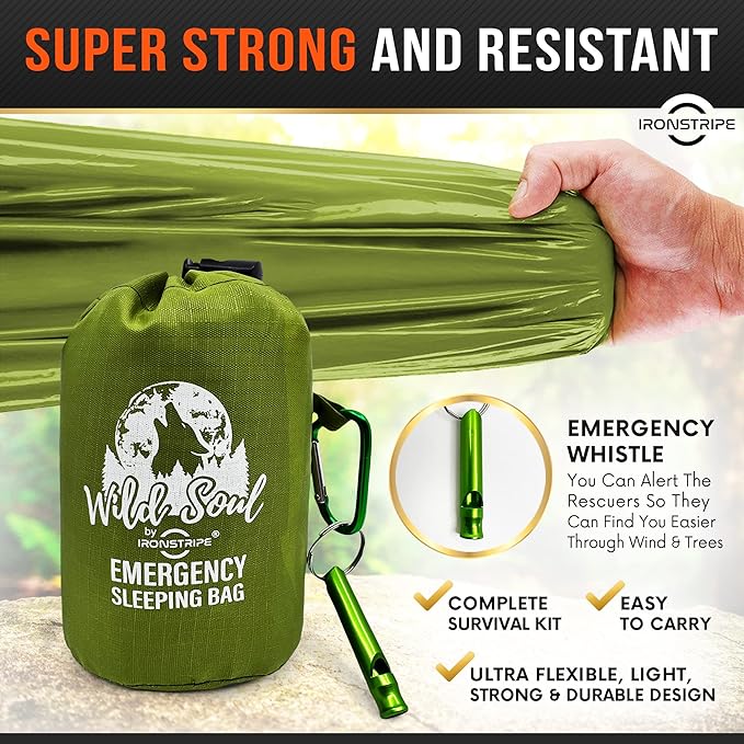 Bivy Sack XL Waterproof Survival Sleeping Bag with Emergency Whistle, Built-in Hood & Thermal Mylar - Tear & Puncture-Resistant