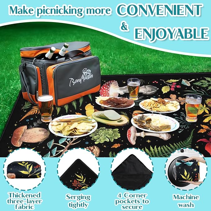 Mushroom Picnic Blankets Waterproof Foldable, 80″X80″Thick Three Layer Picnic Mat Outdoor Blanket for Grass, Large Beach Blanket Sandproof Picnic Accessories for Camping Party Park Patio