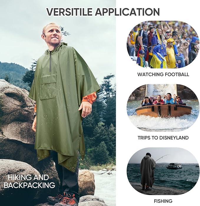 PTEROMY Hooded Rain Poncho for Adult with Pocket, Waterproof Lightweight Unisex Raincoat for Hiking Camping Emergency