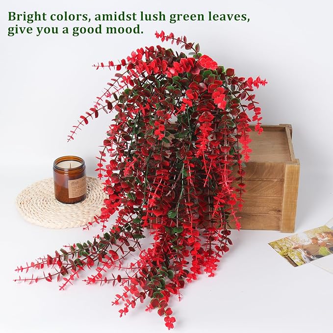 Hanging Artificial Plants Fake Vine Hanging Eucalyptus Leaf Plant Artificial UV Resistant Hanging Green Plant Faux Plants Hanging Wall Decor Outdoor Front Door Yard Garden Porch Decorations(Red)