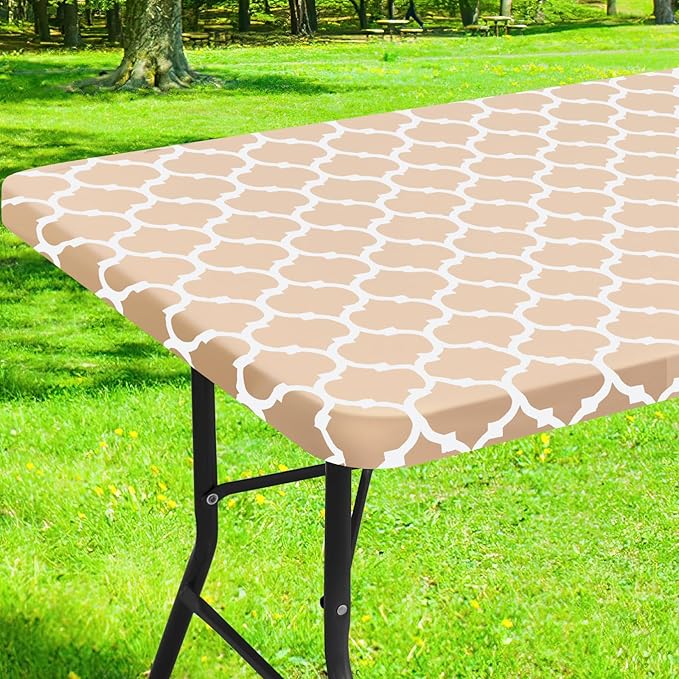 Smiry Rectangle Picnic Table Cover, Waterproof Elastic Fitted Camping Tablecloths for 4 Foot Tables, Wipeable Flannel Backed Vinyl Tablecloth Protector for Indoor, Outdoor (Khaki, 24x48 Inches)
