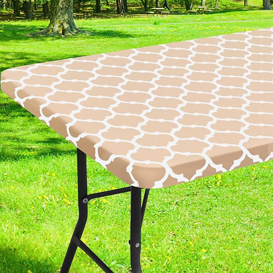 Smiry Rectangle Picnic Table Cover, Waterproof Elastic Fitted Camping Tablecloths for 5 Foot Tables, Wipeable Flannel Backed Vinyl Tablecloth Protector for Indoor, Outdoor (Khaki, 36x60 Inches)
