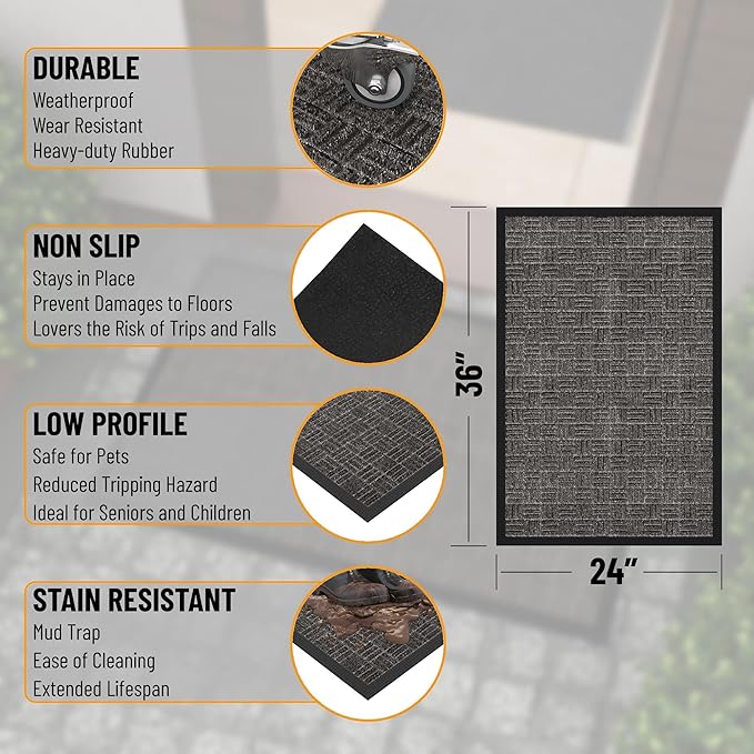 Ottomanson Easy Clean, Waterproof Non-Slip 2x3 Indoor/Outdoor Rubber Doormat, 24" x 36", Black