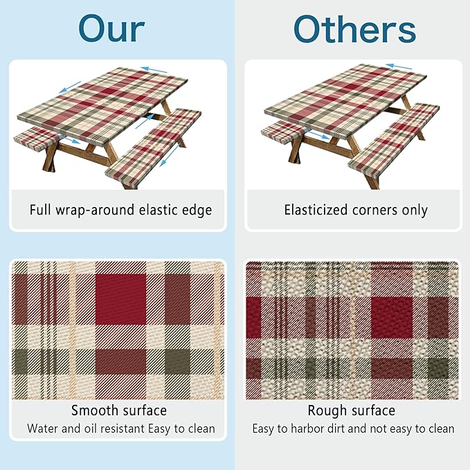 Picnic Table Cover with Bench Covers, 3 Pcs Waterproof Elastic Picnic Table Cover Fall Outdoor Camping Essentials, Windproof Fitted Tablecloth for Indoor Outdoor (Plaid, 72X30 Inch)