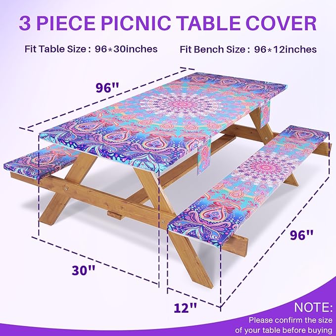 8Ft Fitted Elastic Picnic Table Cover with Bench Covers Vinyl Reusable Boho Large Waterproof Stain Resistant Camping Tablecloths Holiday Festival Decor for Camp Outdoors Parties Trips Garden