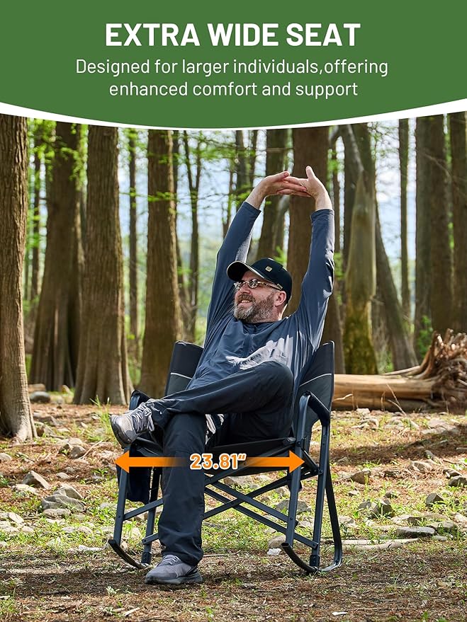 TIMBER RIDGE Folding Rocking Camping Chair, 400lbs Capacity Portable Oversized Outdoor Rocker with Hard Armrests, Cup Holder & Side Pocket, Quick-Fold Design for Outdoor, Patio, Lawn, Gray