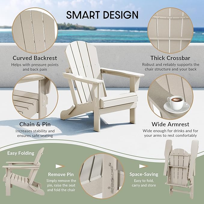 WestinTrends Malibu 4-Piece Set Outdoor Folding Poly Adirondack Chair, Sand