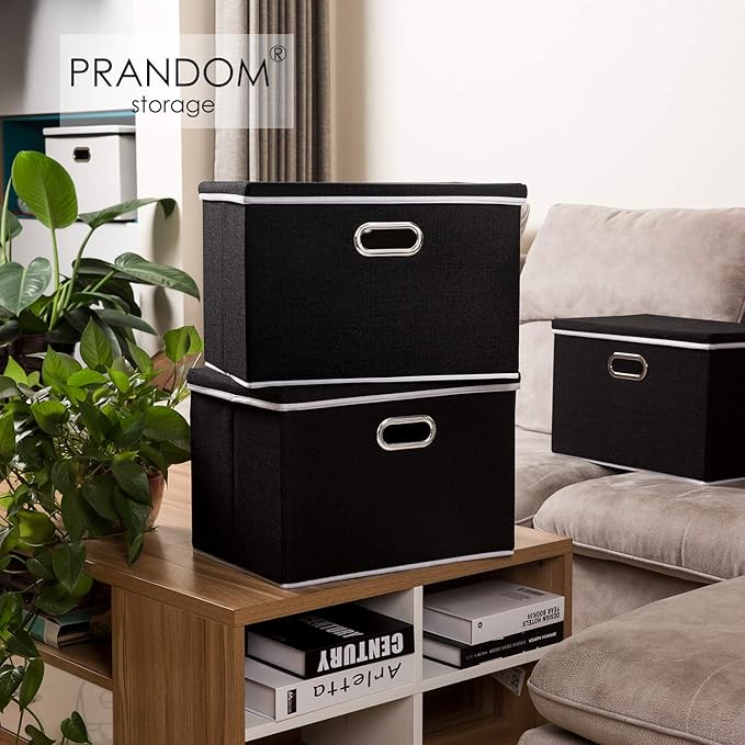 PRANDOM Extra Large Collapsible Storage Bins with Lids [5-Pack] Linen Fabric Foldable Storage Baskets Boxes Organizer Containers Cube with Cover for Bedroom Closet Office Nursery (22.8x15.75x13.8)