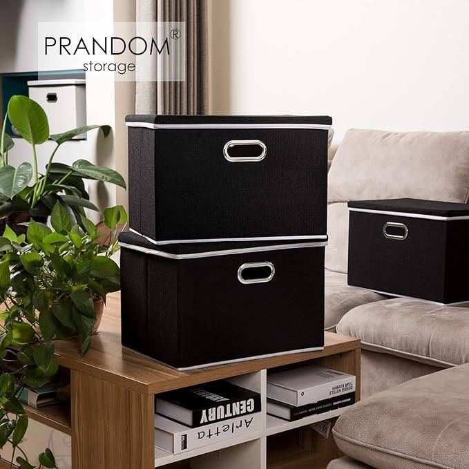 PRANDOM Large Foldable Storage Boxes with Lids [5-Pack] Organizer Containers Baskets Cube with Cover for Home Bedroom Closet Office Black17.7x11.8x11.8 For 6+ Year Old Boys and Girls