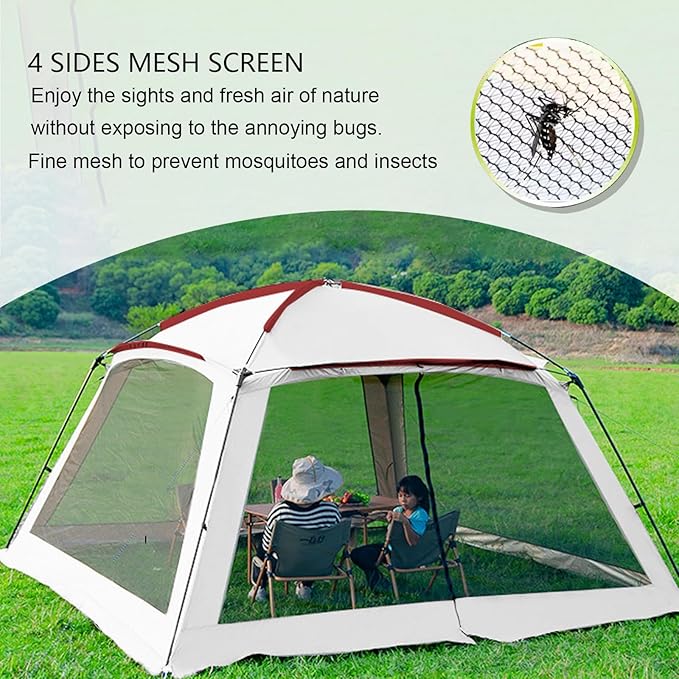 12x12 Ft Screen House Tent - Instant Pop Up Mesh Canopy Shelter with Waterproof & Sunshade Roof, Easy Setup for Camping, Backyard, Beach, Picnic, Red White