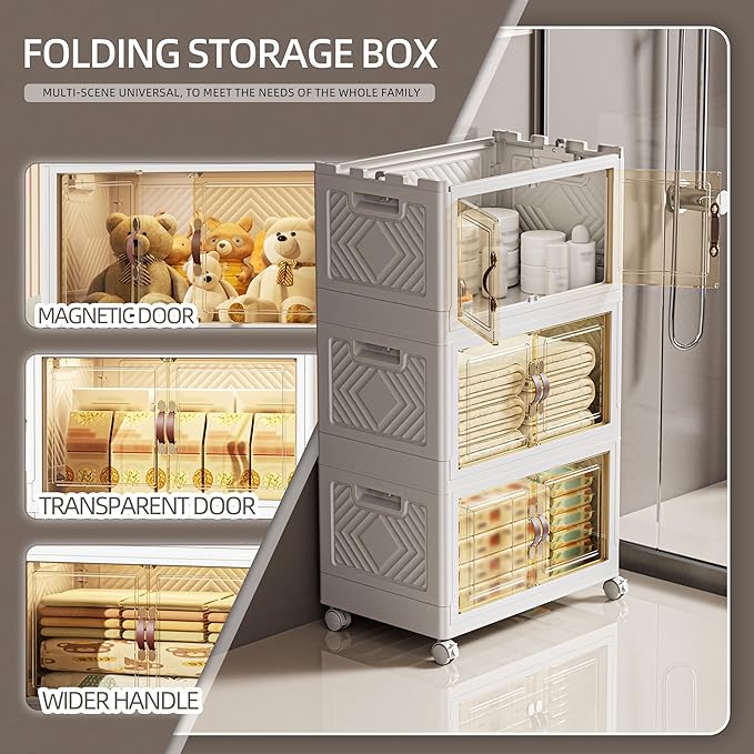 200 QT / 50 Gal White Storage Bins with 1 Lid - Collapsible Stackable Cabinet Organizer w/Wheels & Magnetic Doors, Plastic Storage Box for Office Closet Organization