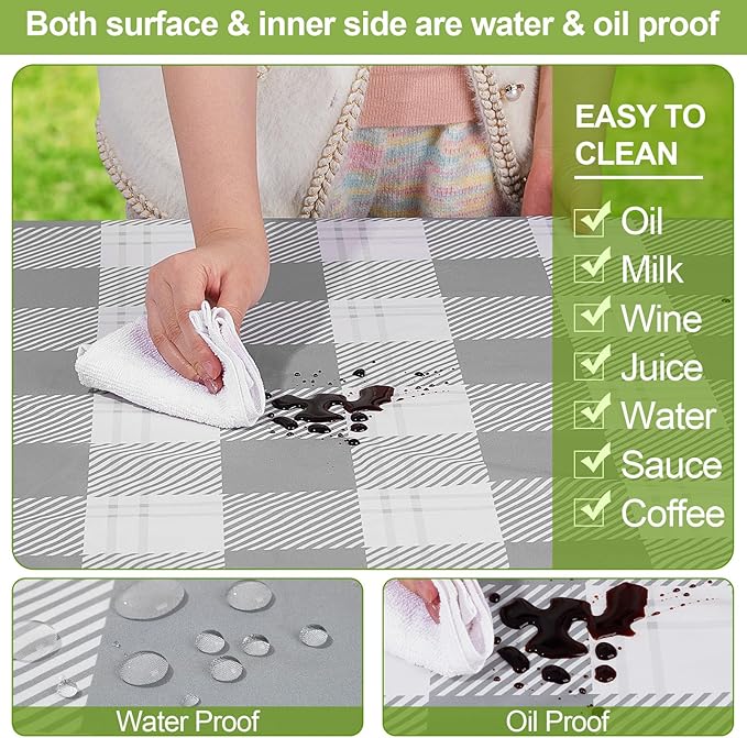 Picnic Table Cover with Bench Covers Camping Essentials Waterproof Windproof Camping Tablecloth with Drawstring Bag, Fitted Rectangle Tables and Seats, 72in, Grey Checkered