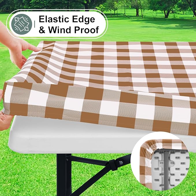 misaya Buffalo Rectangle Picnic Tablecloth, 8 Foot Elastic Fitted Vinyl Table Cloth with Flannel Backing, Waterproof Plaid Table Covers for Dining, Camping, Outdoor (Brown and White, 30" x 96")