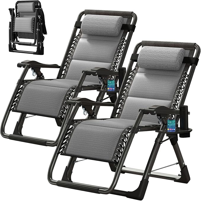 ABORON Zero Gravity Chair,Premium Outdoor Lawn Folding Lounge Chairs,Sturdy Adjustable Reclining Patio Chairs with Built in Cushion,Headrest & Tray