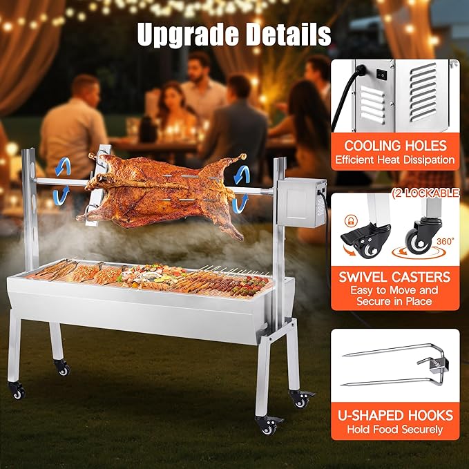 Jocisland Electric BBQ Rotisserie Grill Kit, 42" 132 Lbs Capacity, 45W Motor, Height-Adjustable Stainless Steel Pig Lamb Charcoal Rotisserie Roaster with Lockable Wheels for Camping Outdoor