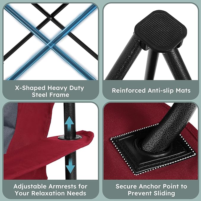 Oversized Camping Chairs 2 Pack - 450lbs Support Heavy Duty Folding Camp Chair Wide Portable Outside Collapsible Chairs with Carry Bag,Cooler,Cup Holder for Outdoor,Lawn,Sports,Baseball,Soccer-Red