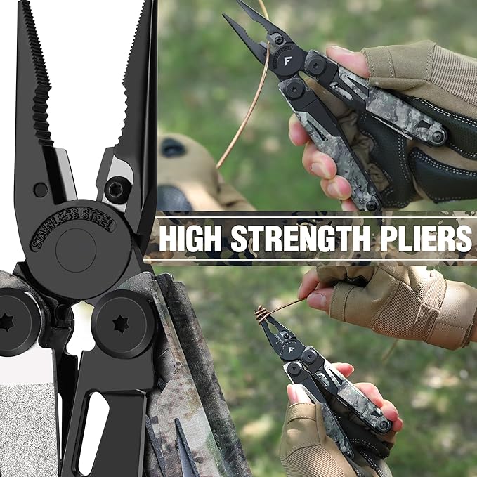 FLISSA Multitool, 15-in-1 Multi Tool Pocket Knife with Sheath, Stainless Steel EDC Multitool Pliers for Men, Camo All-in-One Tools for Camping, Fishing, Survival