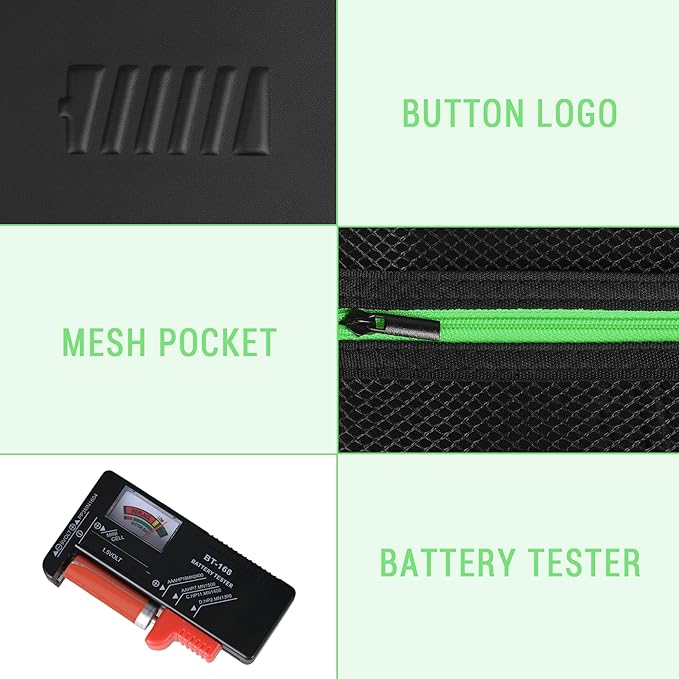 Battery Organizer Storage Case with Tester for AA AAA Button Battery Holder Carrying 3 Batteries Variety Pack 88 Batteries Zipper Mesh Bag (Batteries Not Included) (black-green)