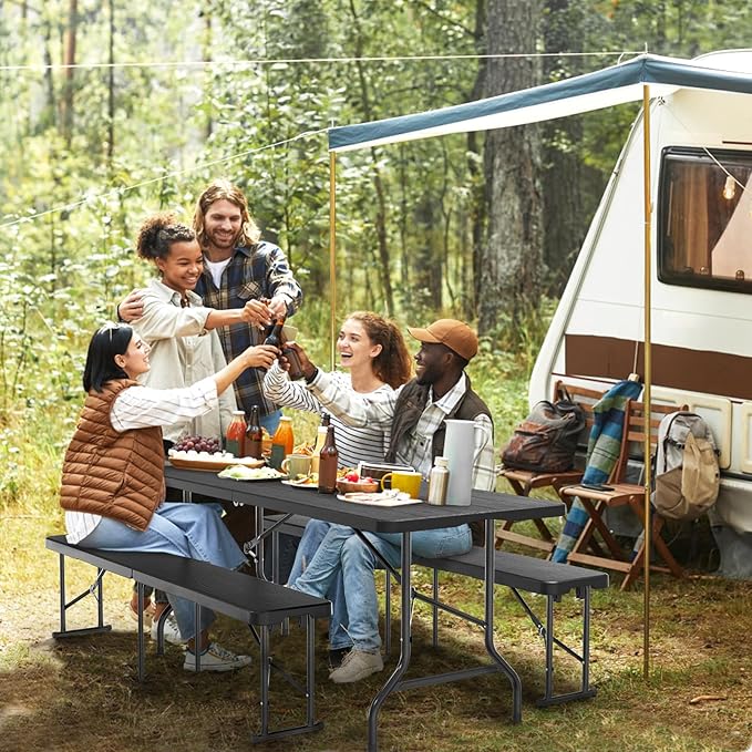 VINGLI 6 feet Plastic Folding Bench,Portable in/Outdoor Picnic Party Camping Dining Seat, Garden Soccer Multipurpose Entertaining Activities, Tree Patterned HDPE Tabletop, 1 Pack, Black