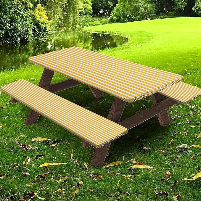 CAPSCEOLL Fitted Picnic Table Cover with Bench Covers with Elastic 6Ft Waterproof Camping Picnic Table Cover Cloths for Outdoors Camping Tablecloth with Drawstring Bag, 72X30in, Orange White