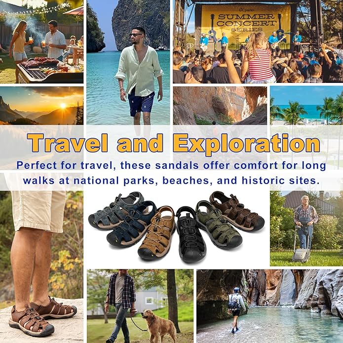Men's Sport Sandals Closed Toe Leather Hiking Athletic Walking Outdoor Beach Trail River Fishing Water Shoes Lightweight Comfortable Waterproof